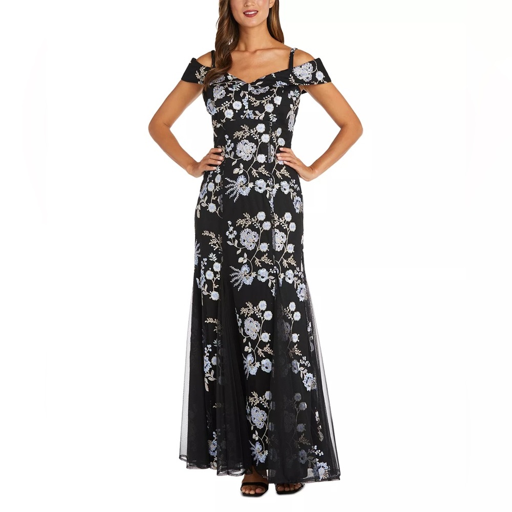 NEW R&M Richard's Floral Embroidered Cold-Shoulder Gown-Size 12